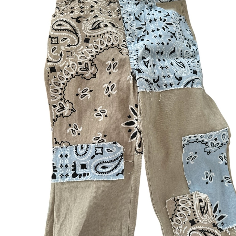 Boohoo Patchwork Wide Leg Pants Blue and Tan